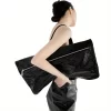 Avant-Garde Solid Black Faux Leather Clutch with Fixed Shoulder Straps, Zipper Closure, Polyester Lining, Painted Edges - Y2K Inspired Fashion Shoulder Bag for Women